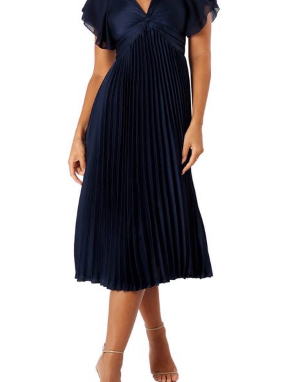 Petal & Pup Navy Pleated Midi Dress with Flutter Sleeves